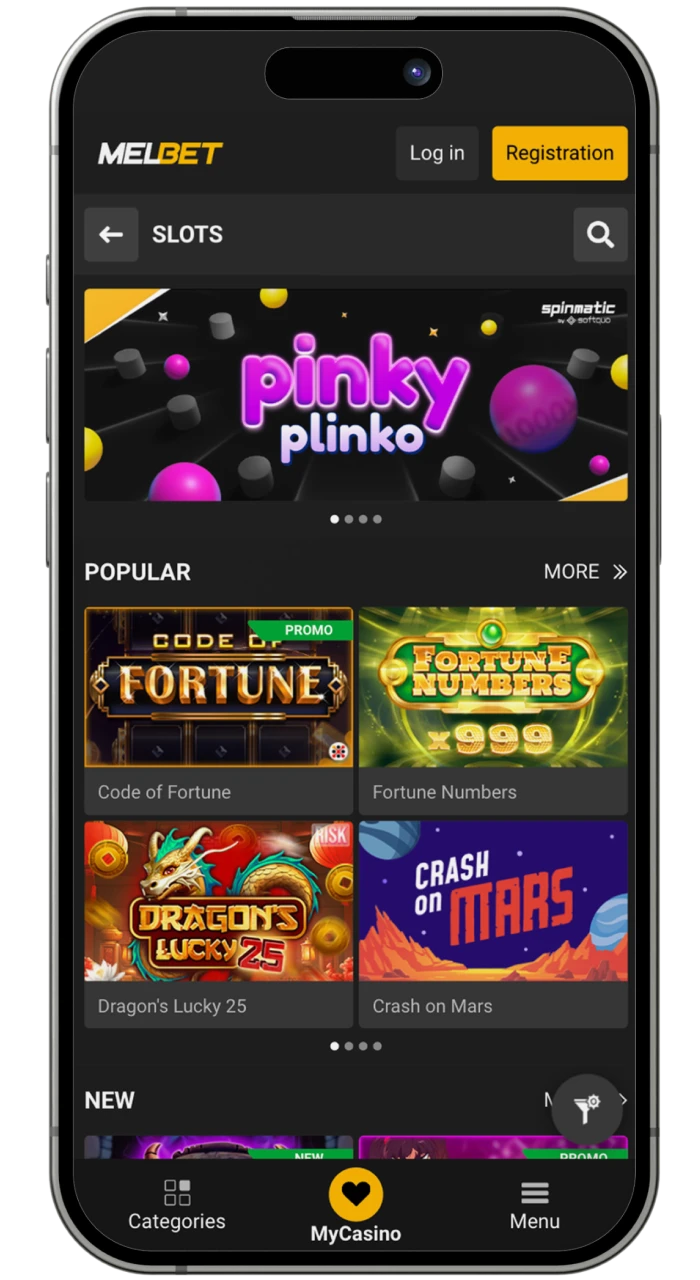 A screenshot of the gambling section in the Melbet casino app with online slots.