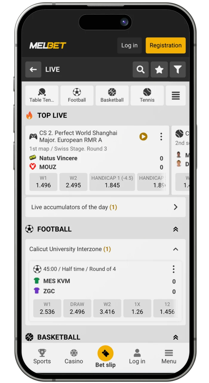 A screenshot of the sports section in the Melbet betting app featuring football, cricket, and more.