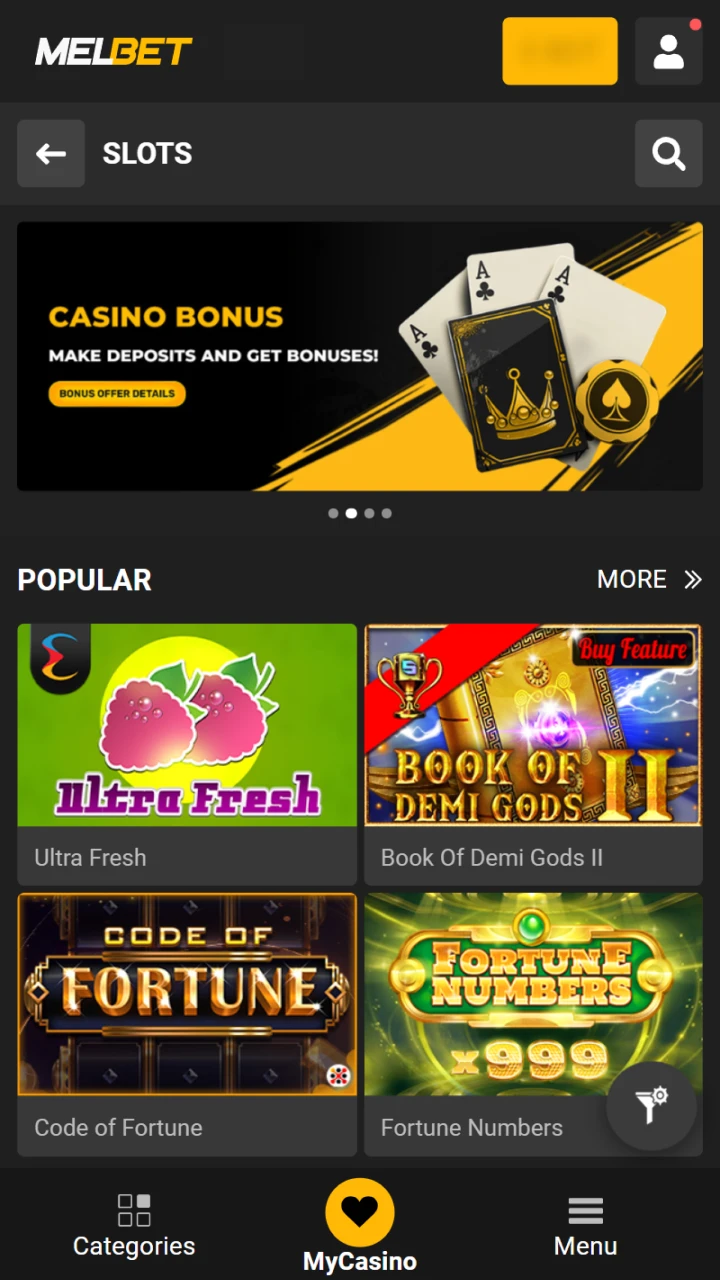 Go to the Melbet Casino section and select the game you like.