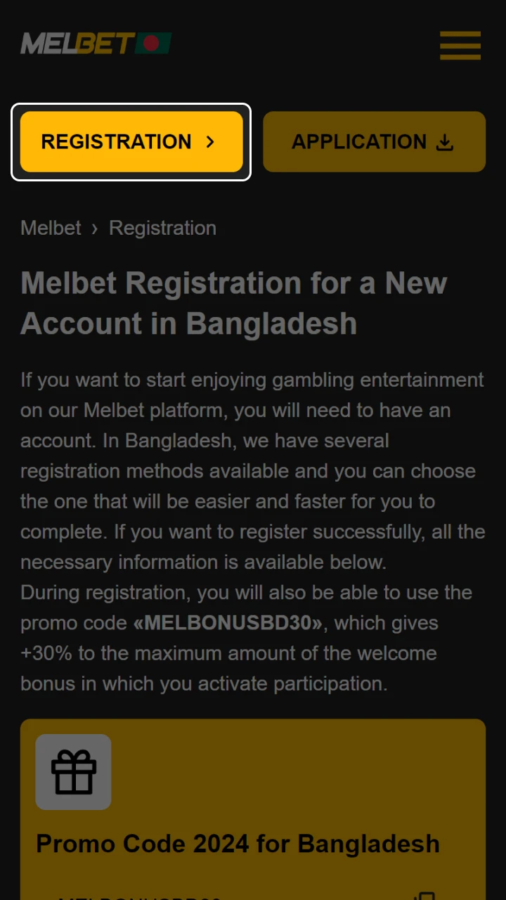 Click on the registration button at Melbet Casino.