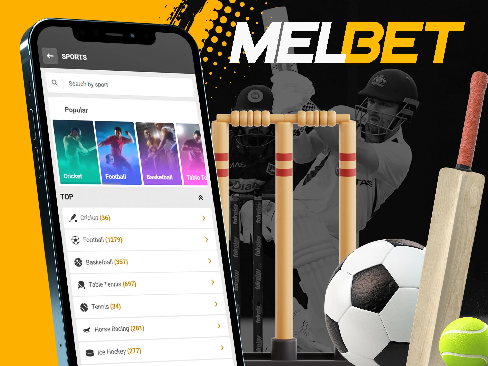 In the Melbet mobile app you will find many popular sports with high odds.