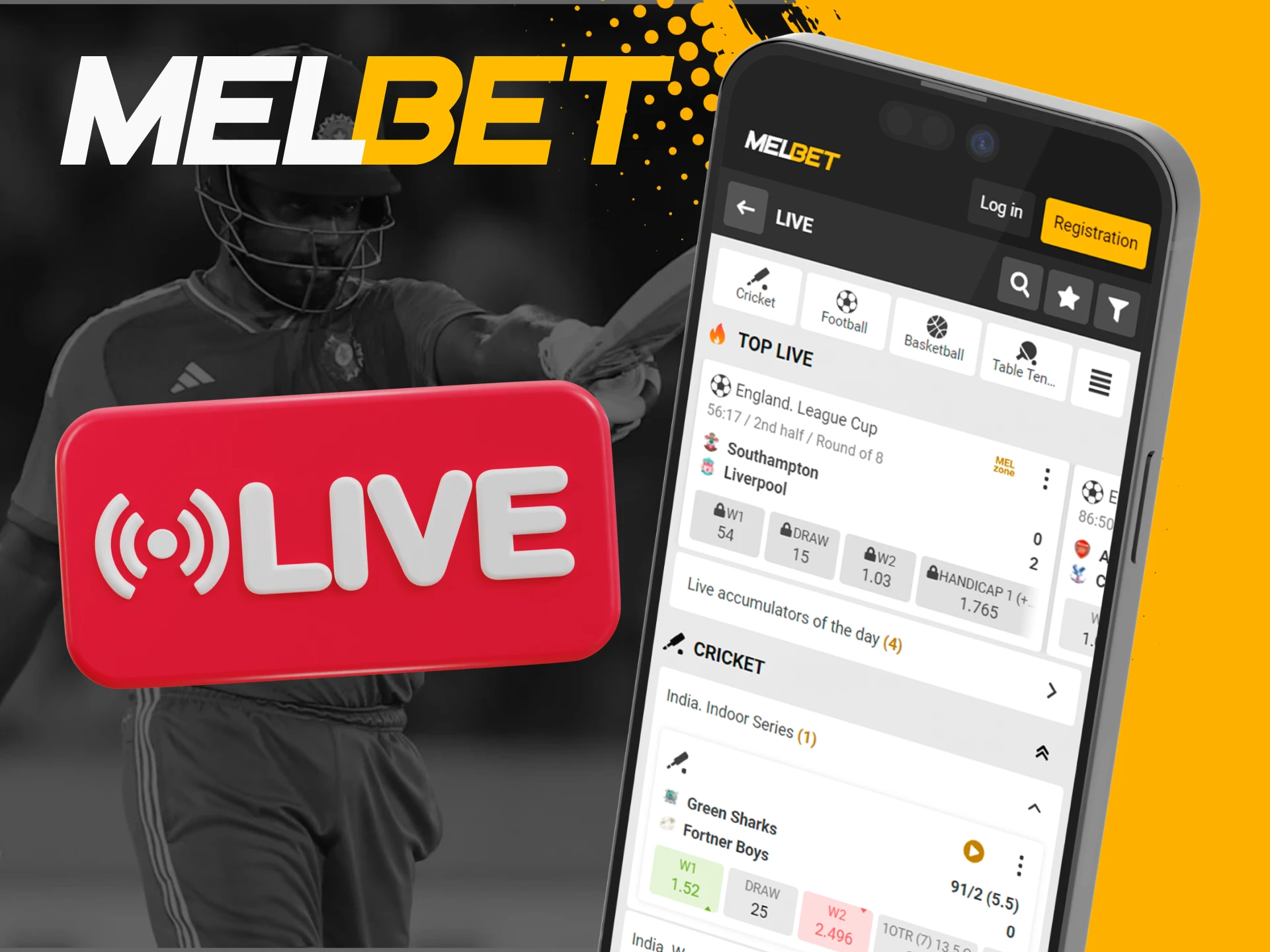 Watch live matches and place bets in real time at Melbet.