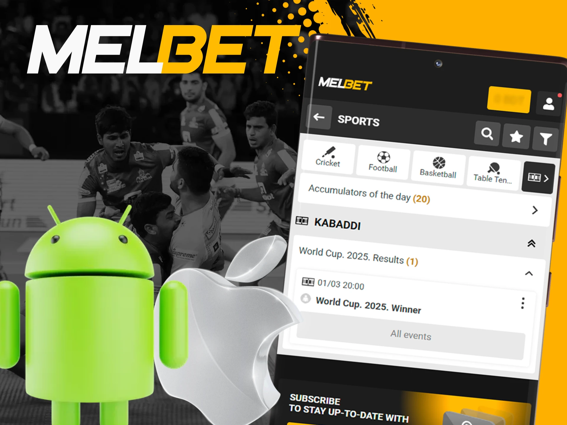 Place your kabaddi bets quickly with the Melbet mobile app.