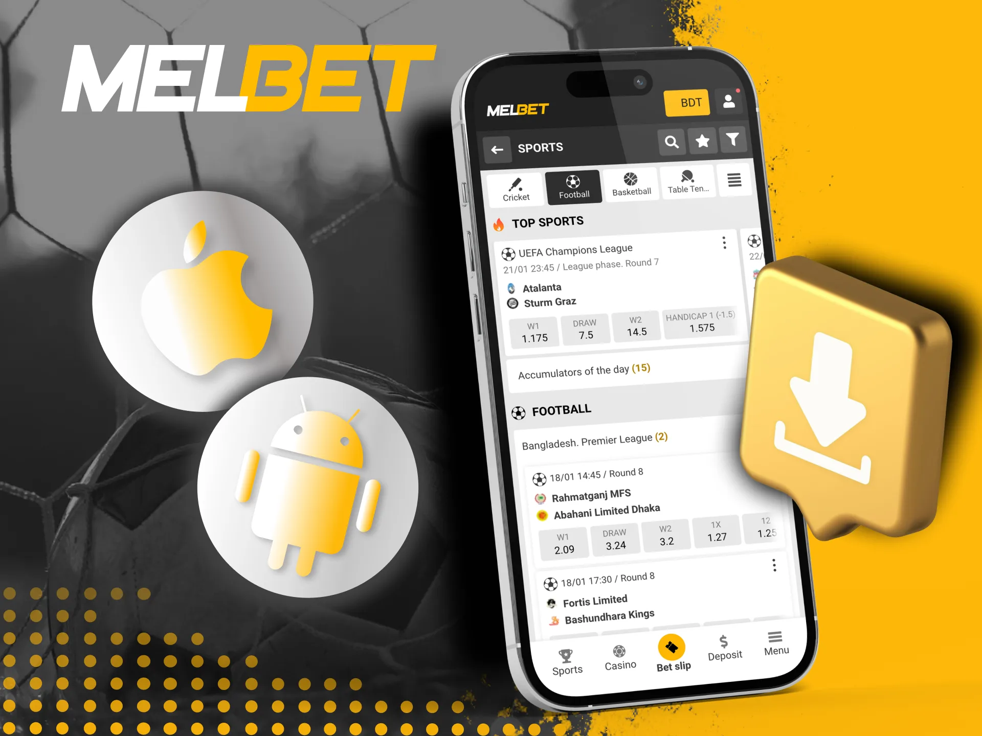 Place your football bets quickly with the Melbet mobile app.