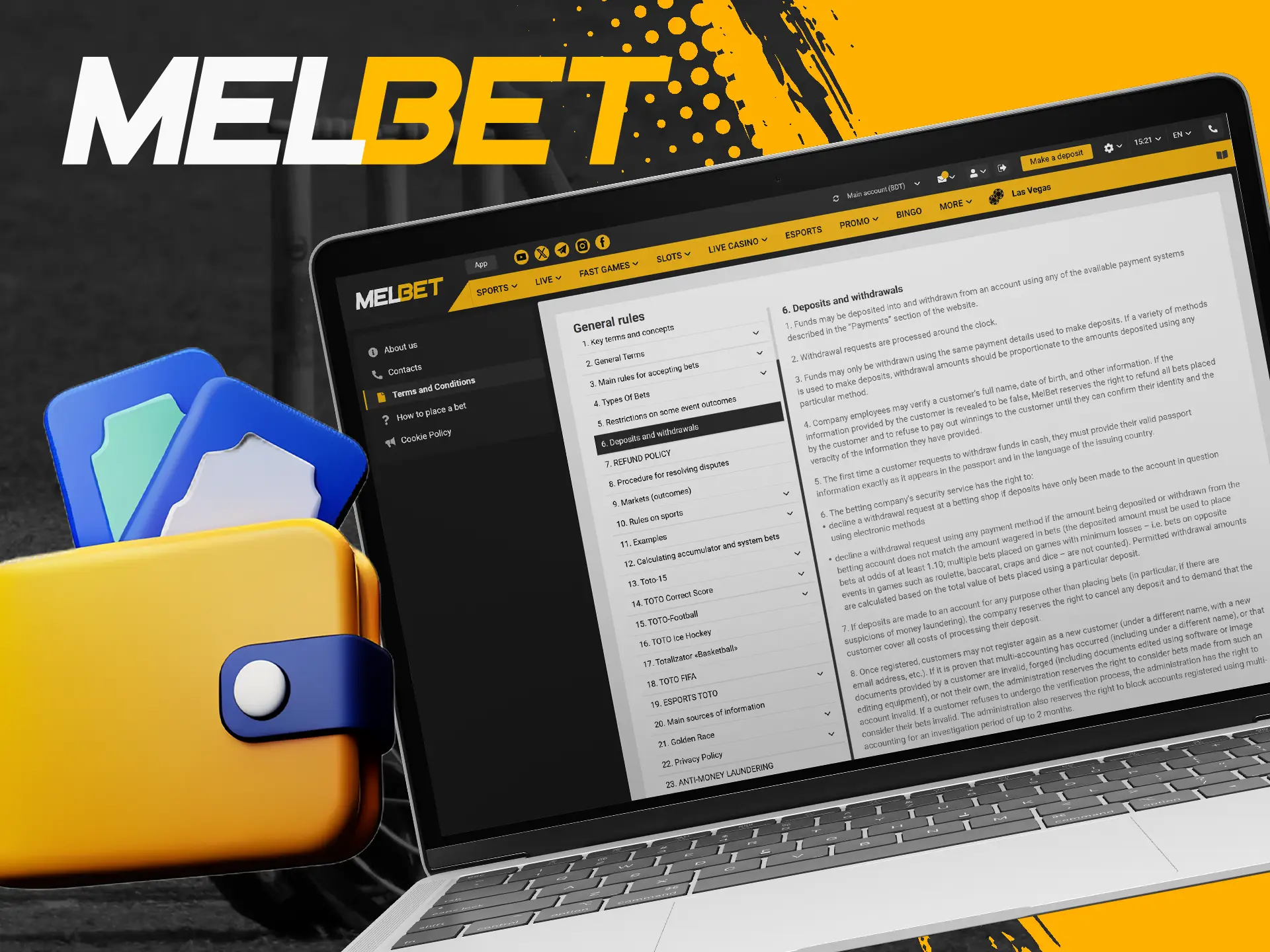 The Melbet website presents the conditions for depositing and withdrawing funds.