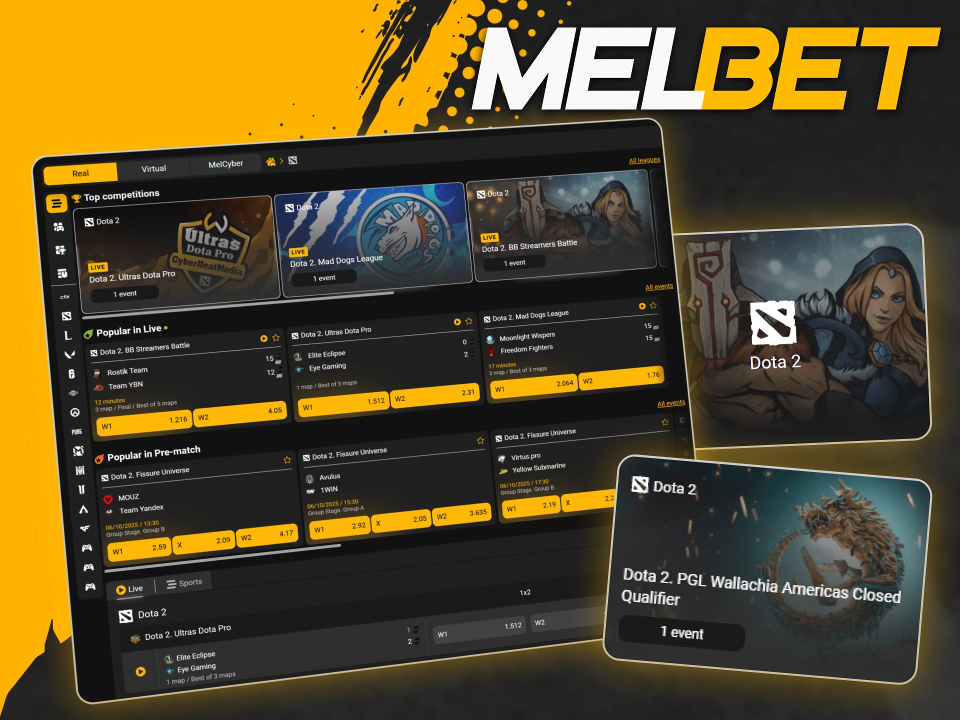অফিসিয়াল Melbet সাইটে The International এবং ESL One এর মতো বড় Dota 2 টুর্নামেন্টে বাজি ধরুন।